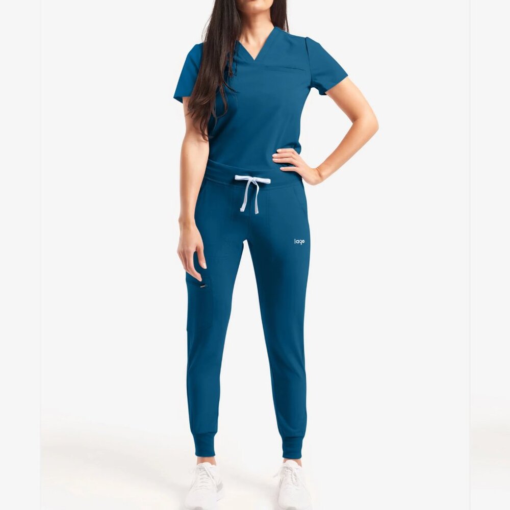 xxs lago scrub set in caribbean blue - sigrid joggers and one pocket top